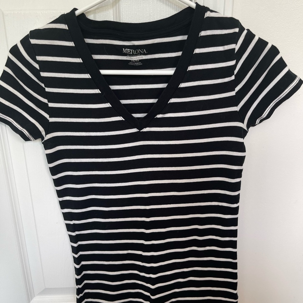 Cotton Black and White Striped Fitted Short Sleeve T-Shirt